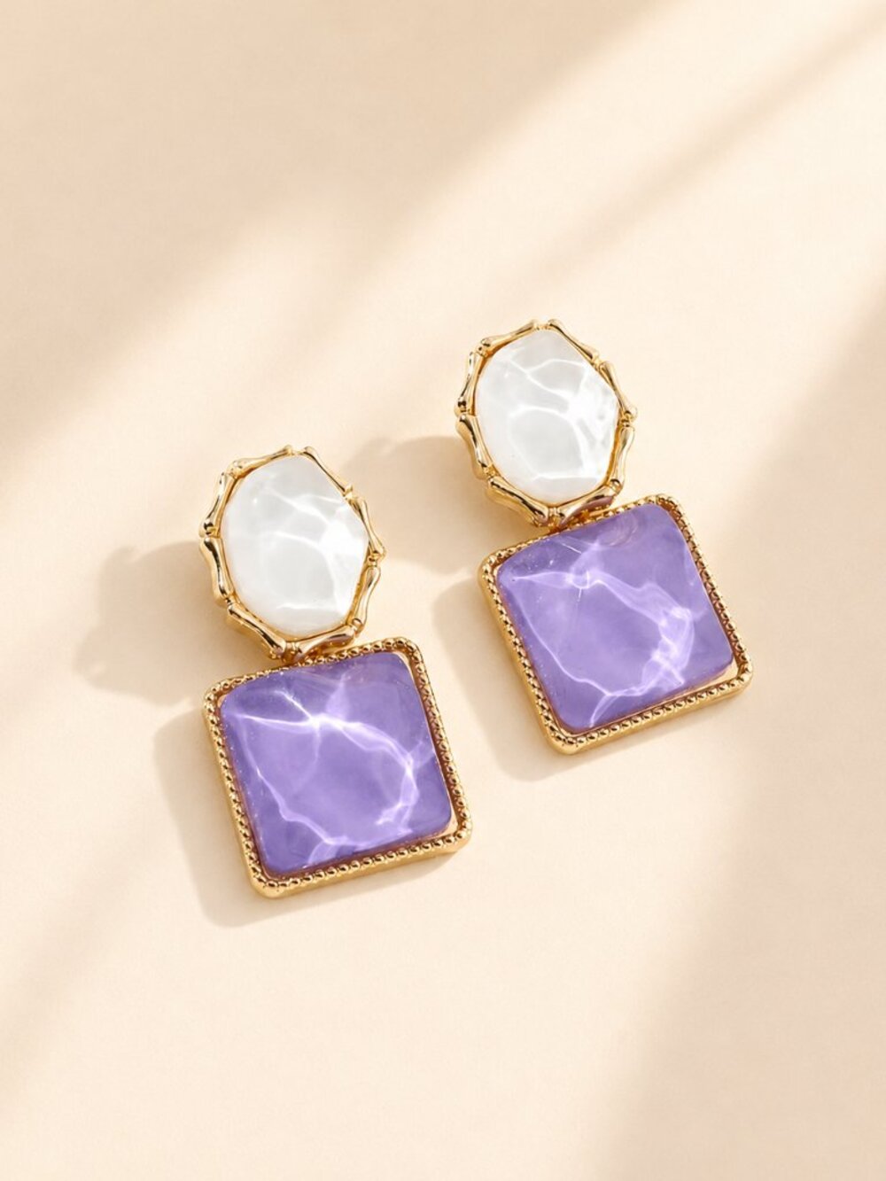 ✨ Purple & White Geometric Statement Drop Earrings Gold-Tone